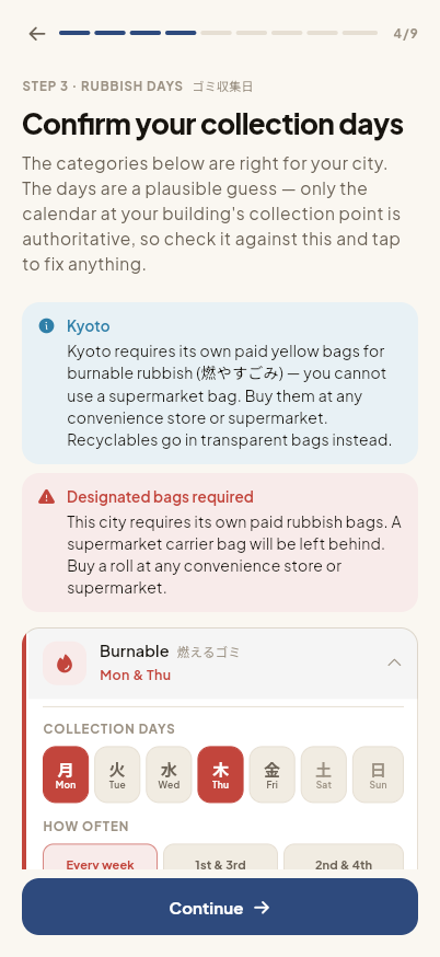 The city preset loads real categories; you confirm the days on a Japanese weekday picker