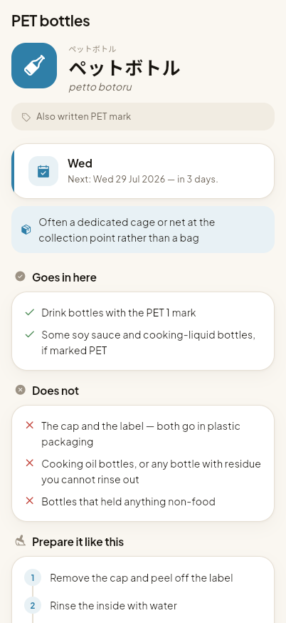 Each rubbish category as a reference card: what goes in, what doesn't, how to prepare it