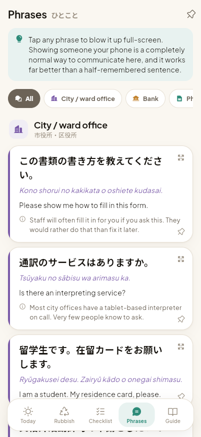 Phrases grouped by counter; tap to enlarge and hold up