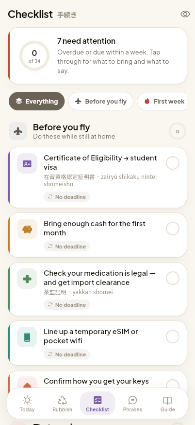 The full checklist as a timeline, from before you fly to before you leave