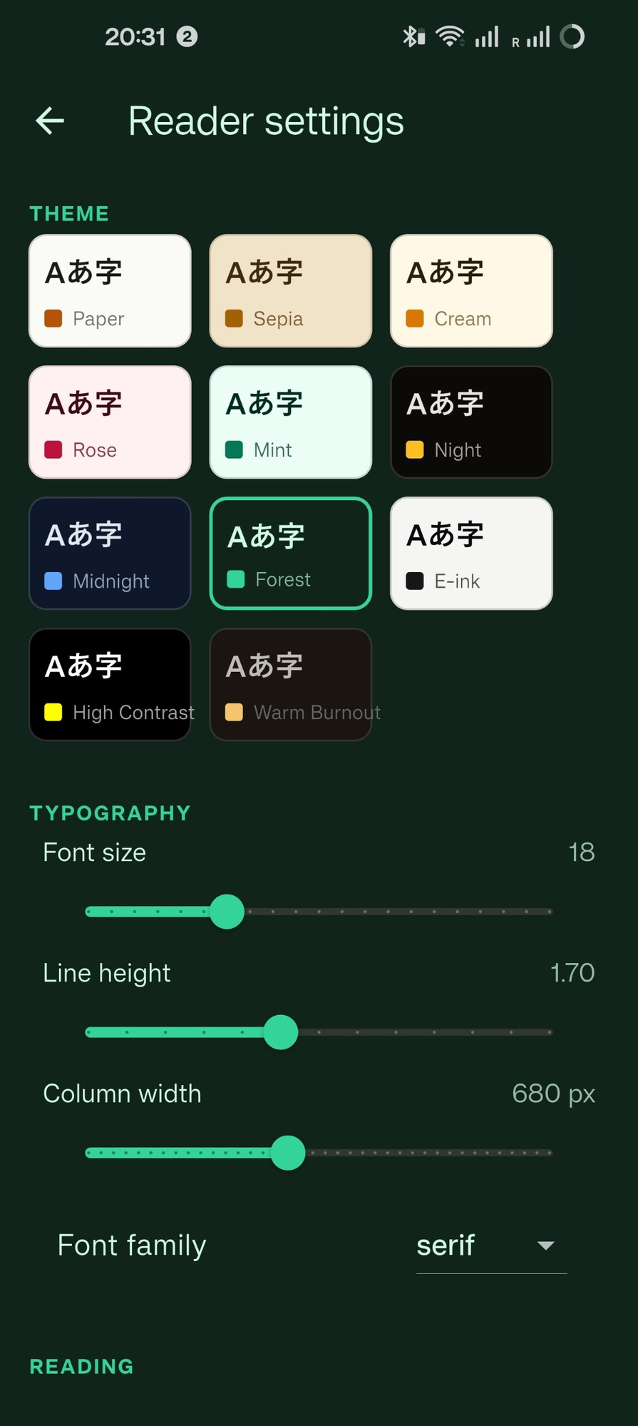 Eleven reader themes with full typography control