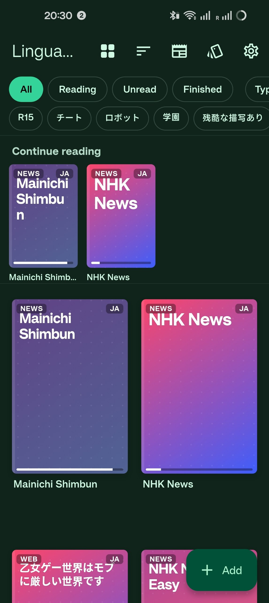 Library: imported news feeds and novels, with progress tracked