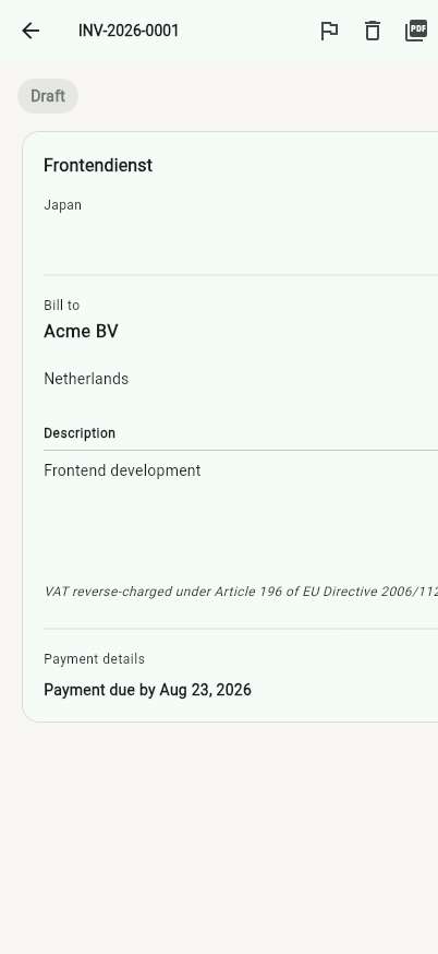 Invoicing: unbilled time pulled into a tri-lingual reverse-charge invoice