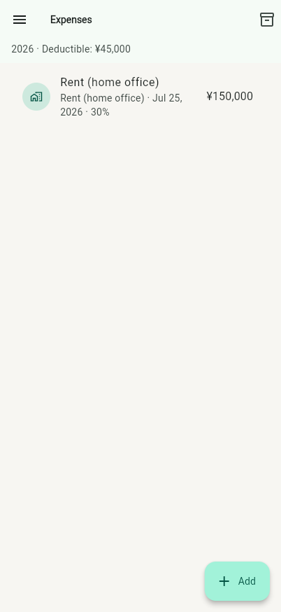Expenses: snap a receipt, OCR fills the numbers, home use apportioned